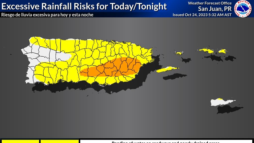 Riesgo de lluvia excesiva para este martes, 24 de octubre de 2023.