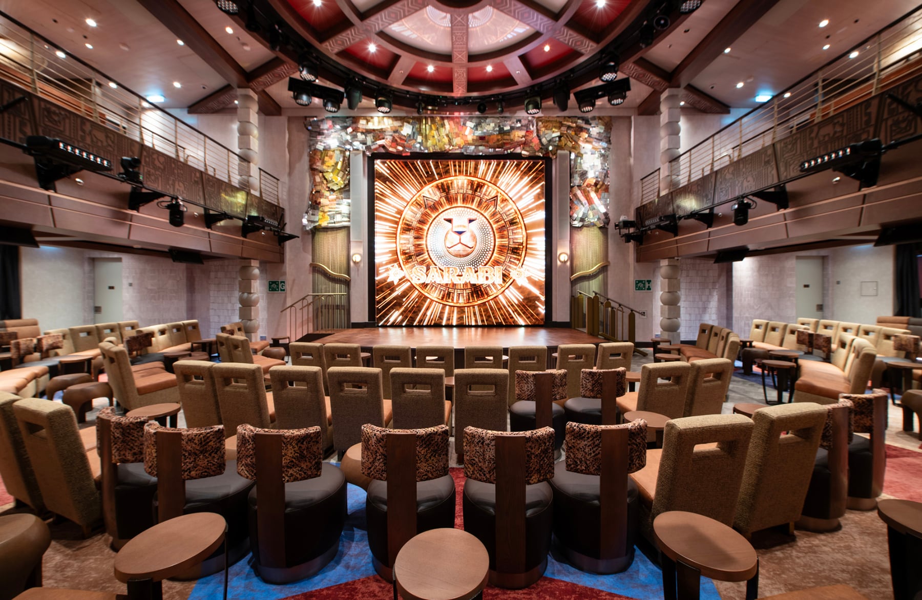 Named for the lioness matriarch from Disney’s “The Lion King,” Sarabi is the central hub for a multitude of daytime activities and adult-exclusive evening entertainment onboard the Disney Treasure, Disney Cruise Line’s newest ship, serving as the perfect gathering place for families. (Kent Phillips, photographer)