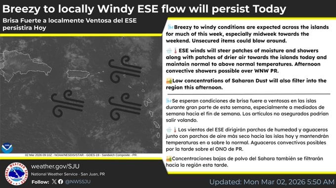 Tiempo para el lunes, 2 de marzo de 2026.