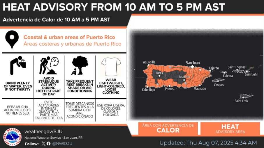Advertencia de calor para el jueves, 7 de agosto de 2025.