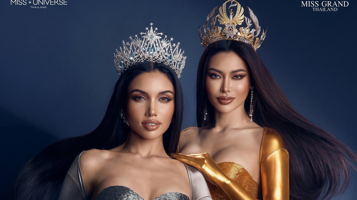 Praveenar Singh; Miss Universe Tailandia 2025, y Saranrat Puagpipat; Miss Grand Tailandia 2025.