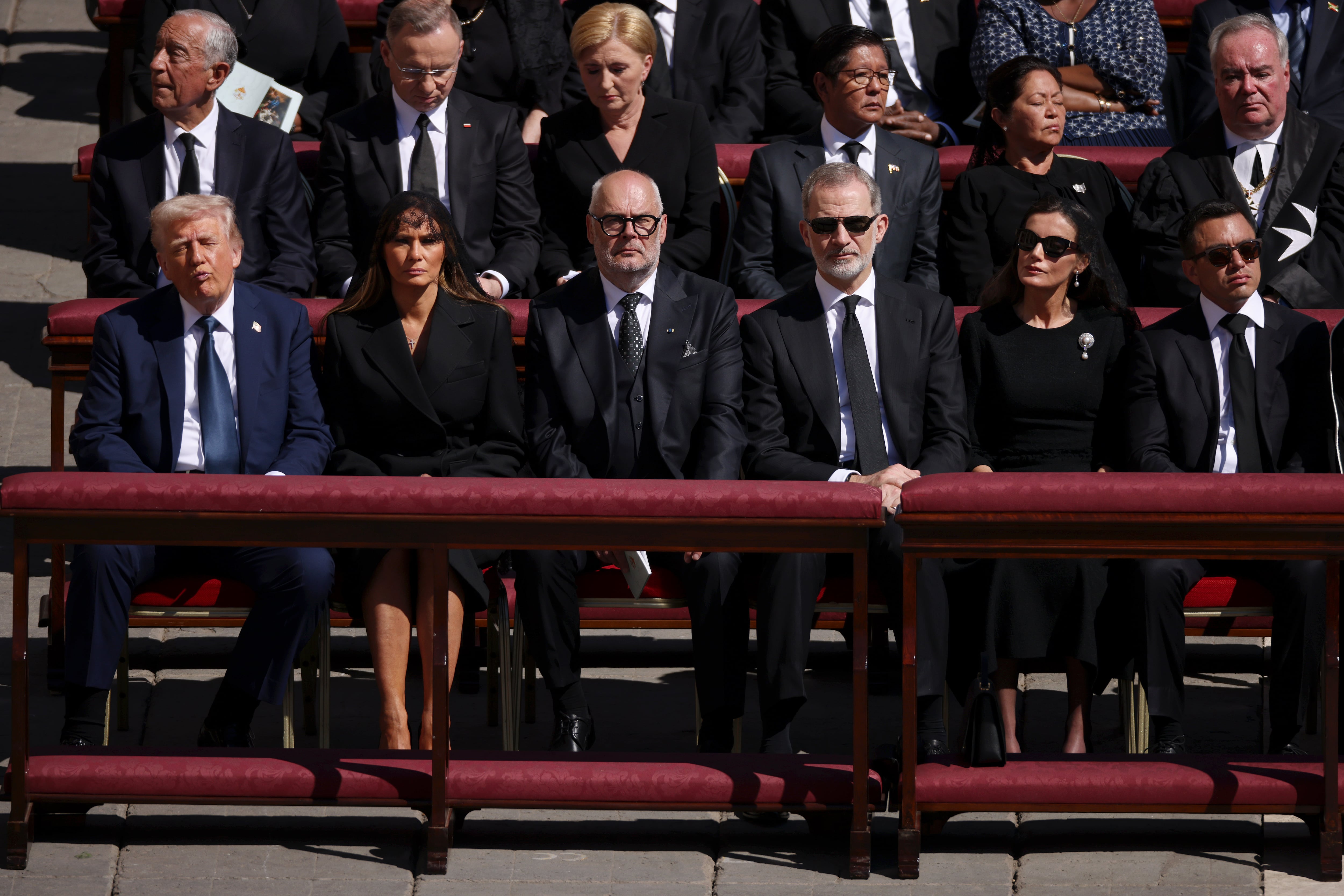 VATICAN CITY, VATICAN - APRIL 26: (L-R) US President Donald Trump, US First Lady Melania Trump, Estonian President Alar Karis, King Felipe VI of Spain, Queen Letizia of Spain Ecuador's President Daniel Noboa attend the funeral of Pope Francis in St. Peter’s Square on April 26, 2025 in Vatican City, Vatican. Pope Francis died on April 21st at the age of 88. Born in Argentina as Jorge Mario Bergoglio, he was the first Latin American and the first Jesuit to become Pope when elected in 2013. Taking the name Francis after St Francis of Assisi, he promoted a more humble version of the papacy than many of his predecessors. He will be buried outside of the Vatican in a simple wooden coffin at the Basilica Santa Maria Maggiore. (Photo by Dan Kitwood/Getty Images)