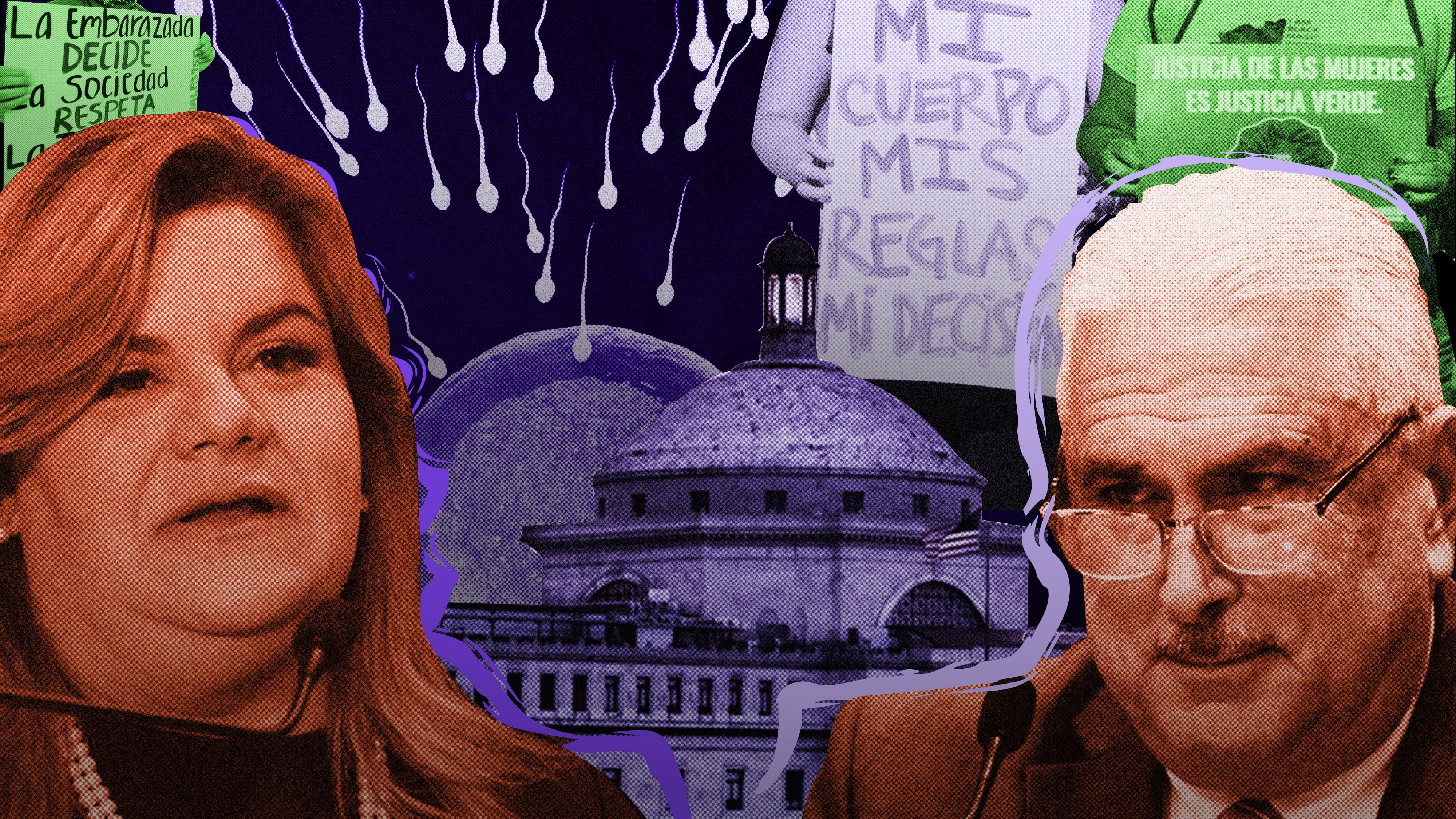 Gráfica que contiene imágenes de Jenniffer González, Thomas Rivera Schatz, el Capitolio de Puerto Rico, espermatozoides, y un cartel que lee "Mi cuerpo, mis reglas, mi decisión".