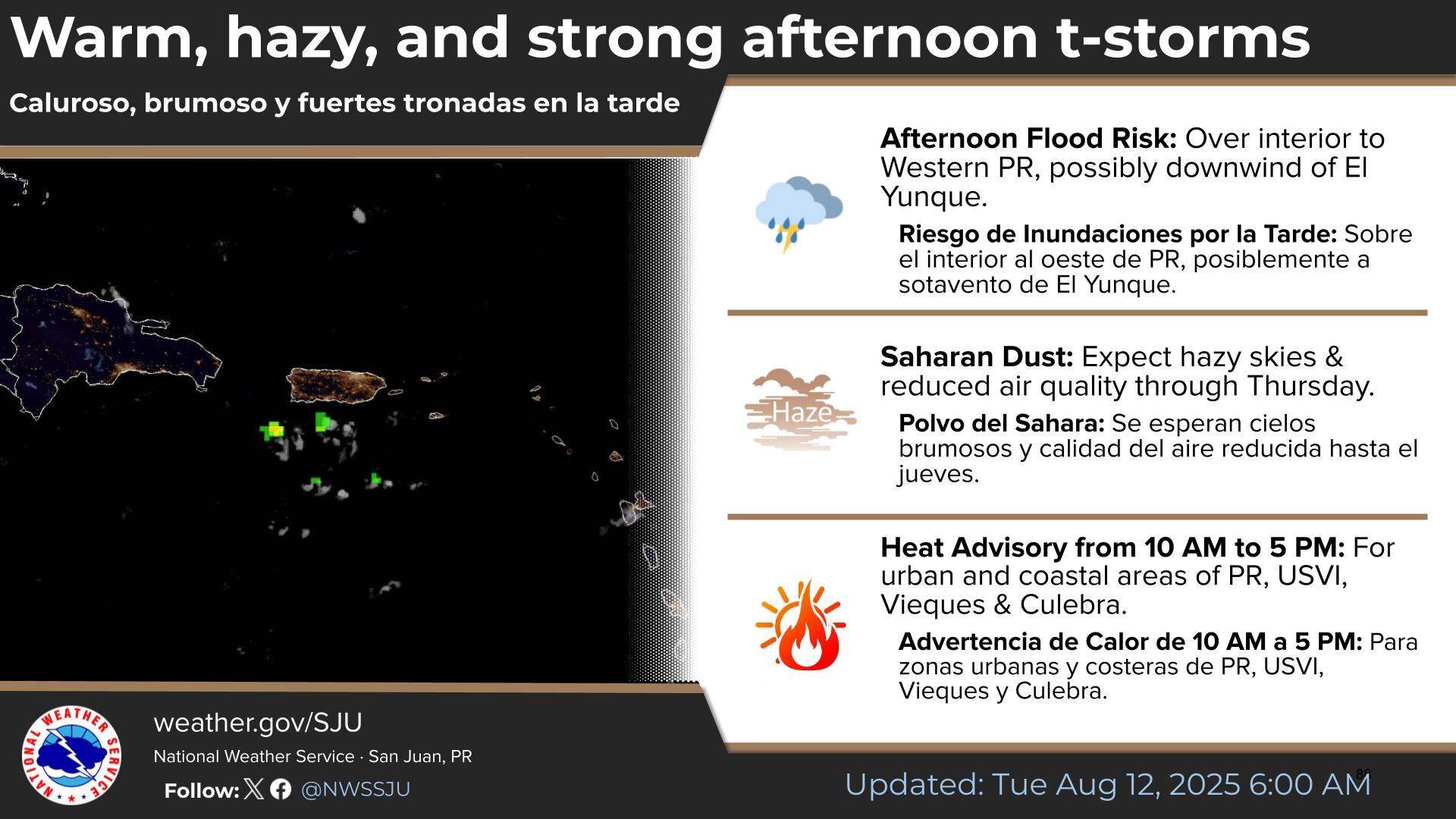 Reporte del tiempo para el martes, 12 de agosto de 2025.