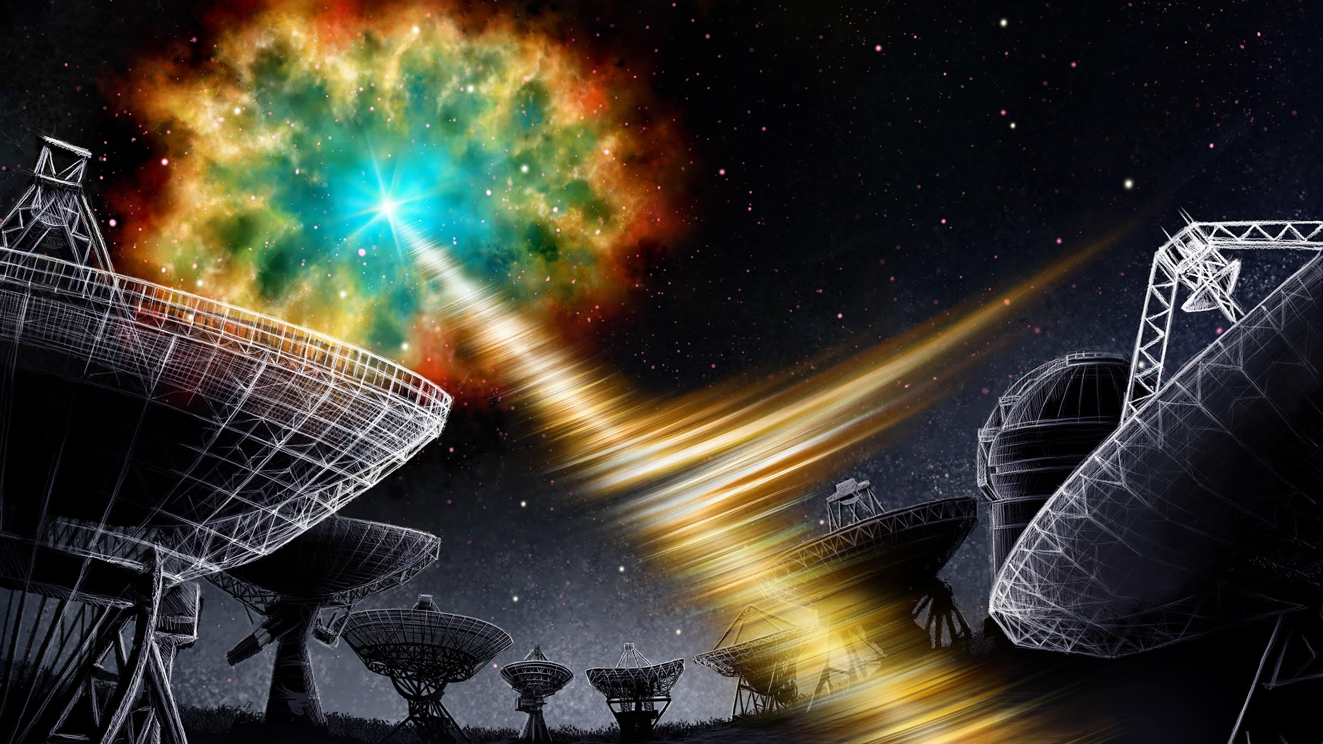 Impresión artística de una ráfaga rápida de radio (FRB) emitida desde un objeto distante. Fotografía facilitada por Daniëlle Futselaar/ASTRON).