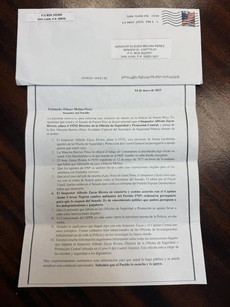 Carta enviada a Eliezer Molina
