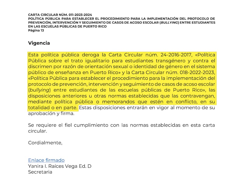 Fotocaptura de parte de la Carta Circular 004-2024-2025, en la que se establece la derogación de las cartas anteriores, que contenían protecciones específicas para estudiantes LGBT+