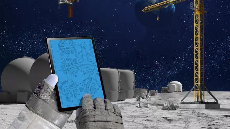 Ilustración de una base lunar construida por varios astronautas