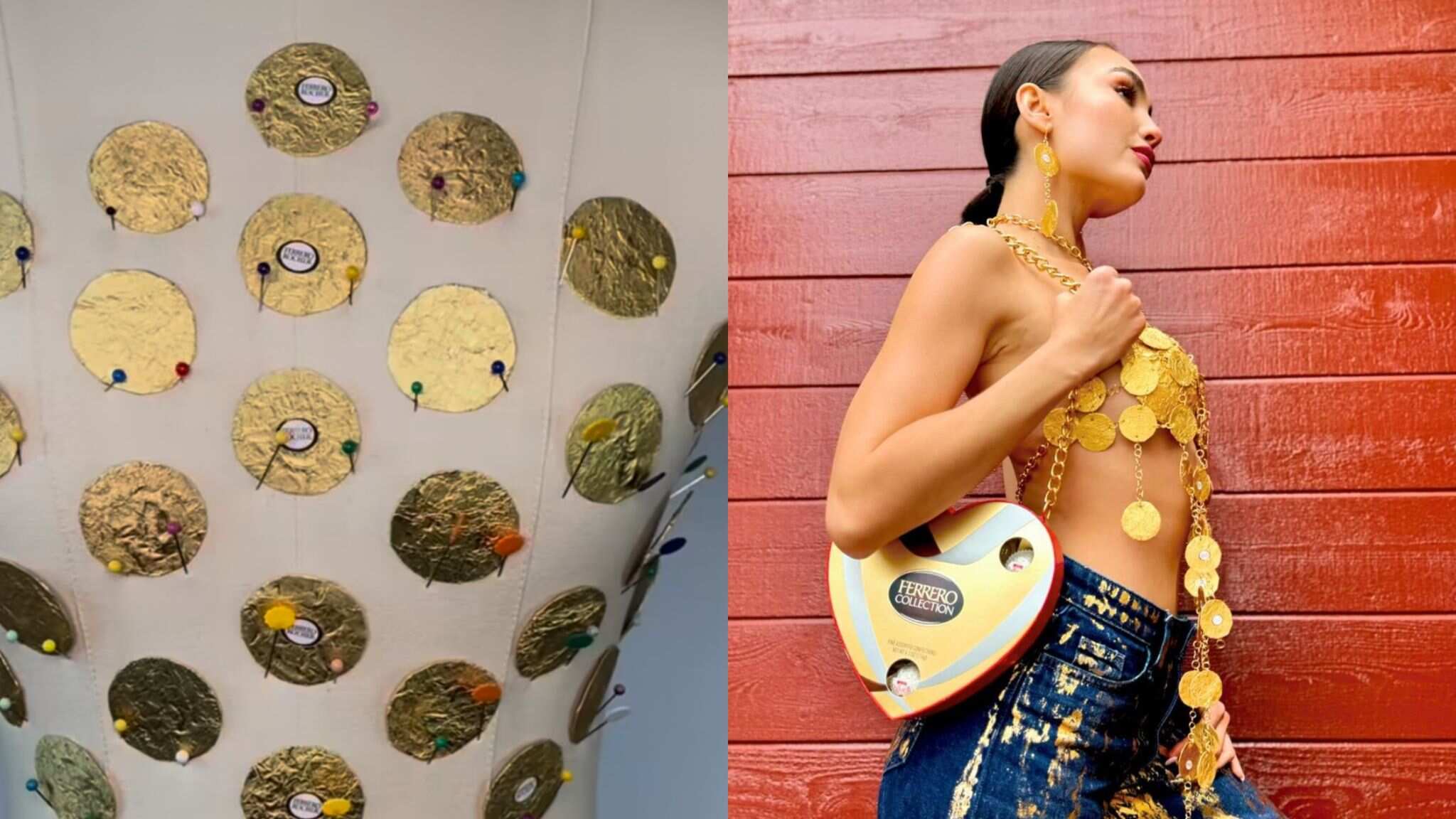 R'Bonney Gabriel confecciona increíble ‘look’ con envolturas de famoso chocolate.