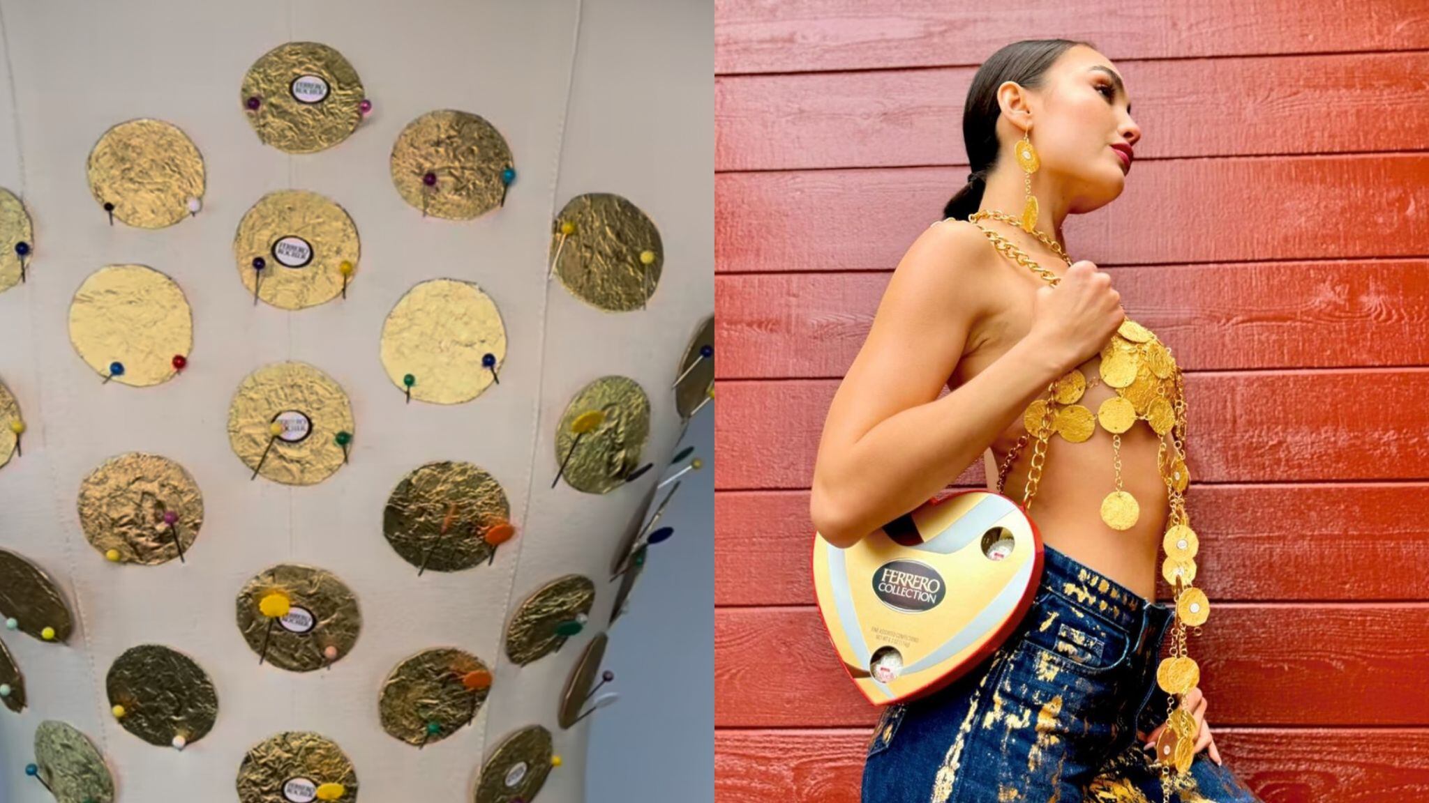 R'Bonney Gabriel confecciona increíble ‘look’ con envolturas de famoso chocolate.