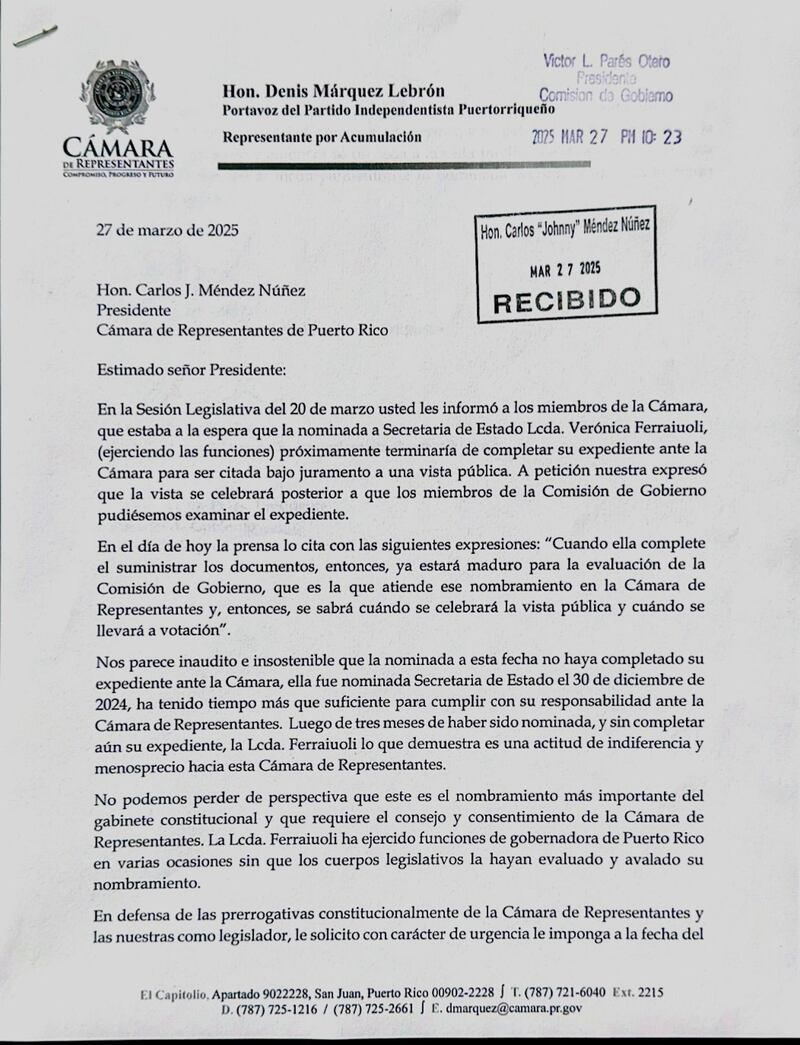 Delegación del PIP exige plazo final para entrega de expediente de nominada a secretaria de Estado