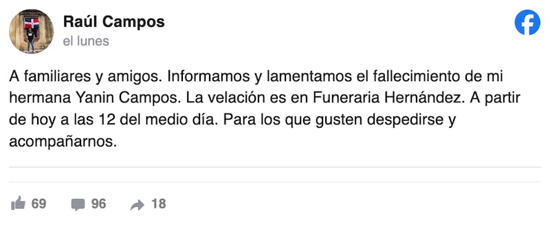 Se anuncia el fallecimiento de Yanin Campos.