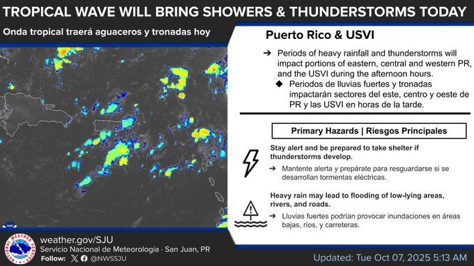 Onda tropical provocará aguaceros y tronadas en Puerto Rico.
