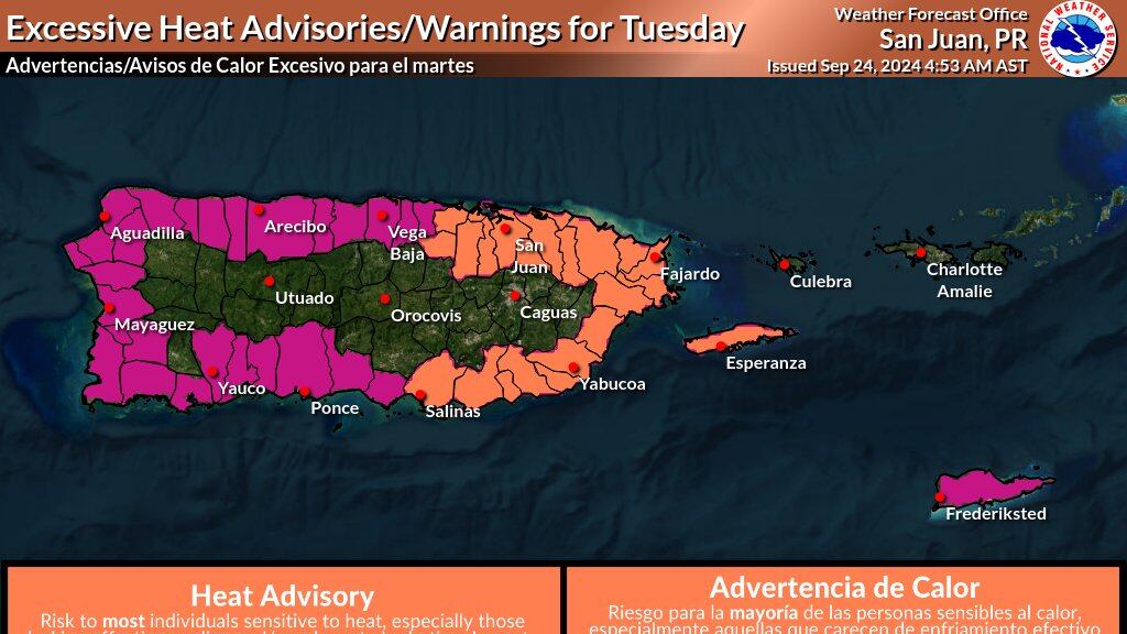 Advertencias y avisos de calor excesivo para este martes, 24 de septiembre de 2024.