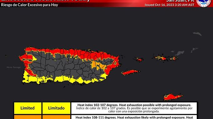 Riesgo de calor excesivo para este lunes, 16 de octubre de 2023.