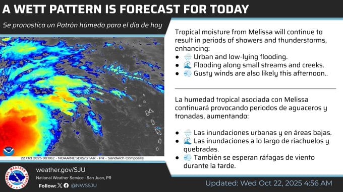 Tronadas y aguaceros para el miércoles, 22 de octubre de 2025, en Puerto Rico.