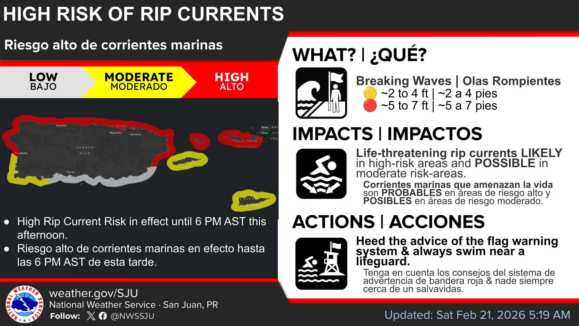 El fuerte oleaje podría generar olas rompientes de hasta siete pies.