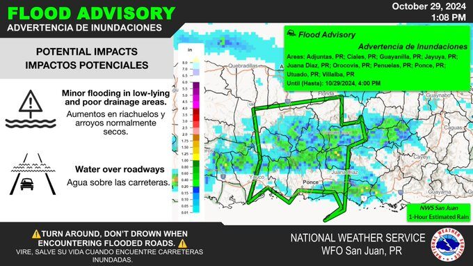 Emiten advertencias de inundaciones para el oeste y centro de Puerto Rico.