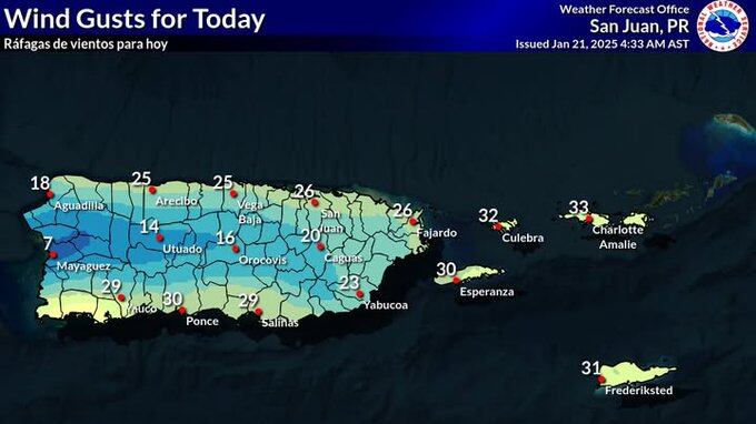 Condiciones ventosas para este martes, 21 de enero de 2025.