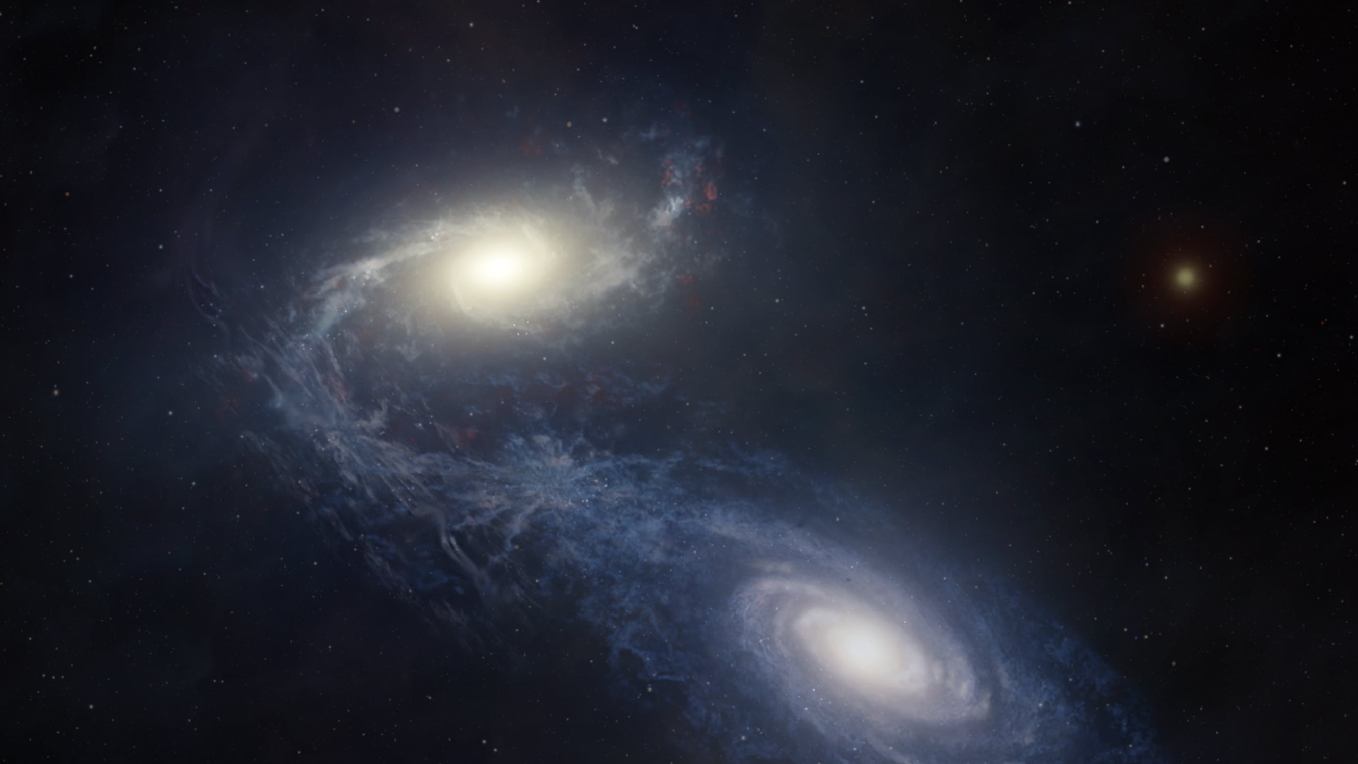 Una representación artística muestra la gigantesca galaxia espiral NGC 1365 en el momento en que choca y se fusiona con una galaxia compañera más pequeña, lo que estimula la formación estelar y redistribuye el gas y los elementos pesados. Fotografía cedida por Melissa Weiss/CfA