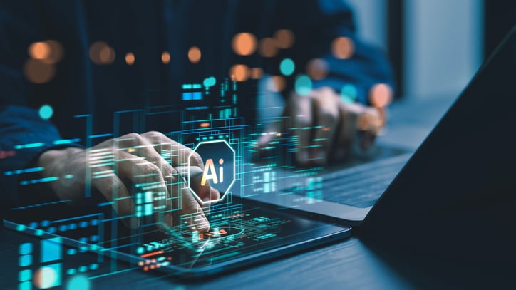 Humans are using laptops and computers to interact with AI, helping them create, code, train AI, or analyze big data with fast, cutting-edge technology.