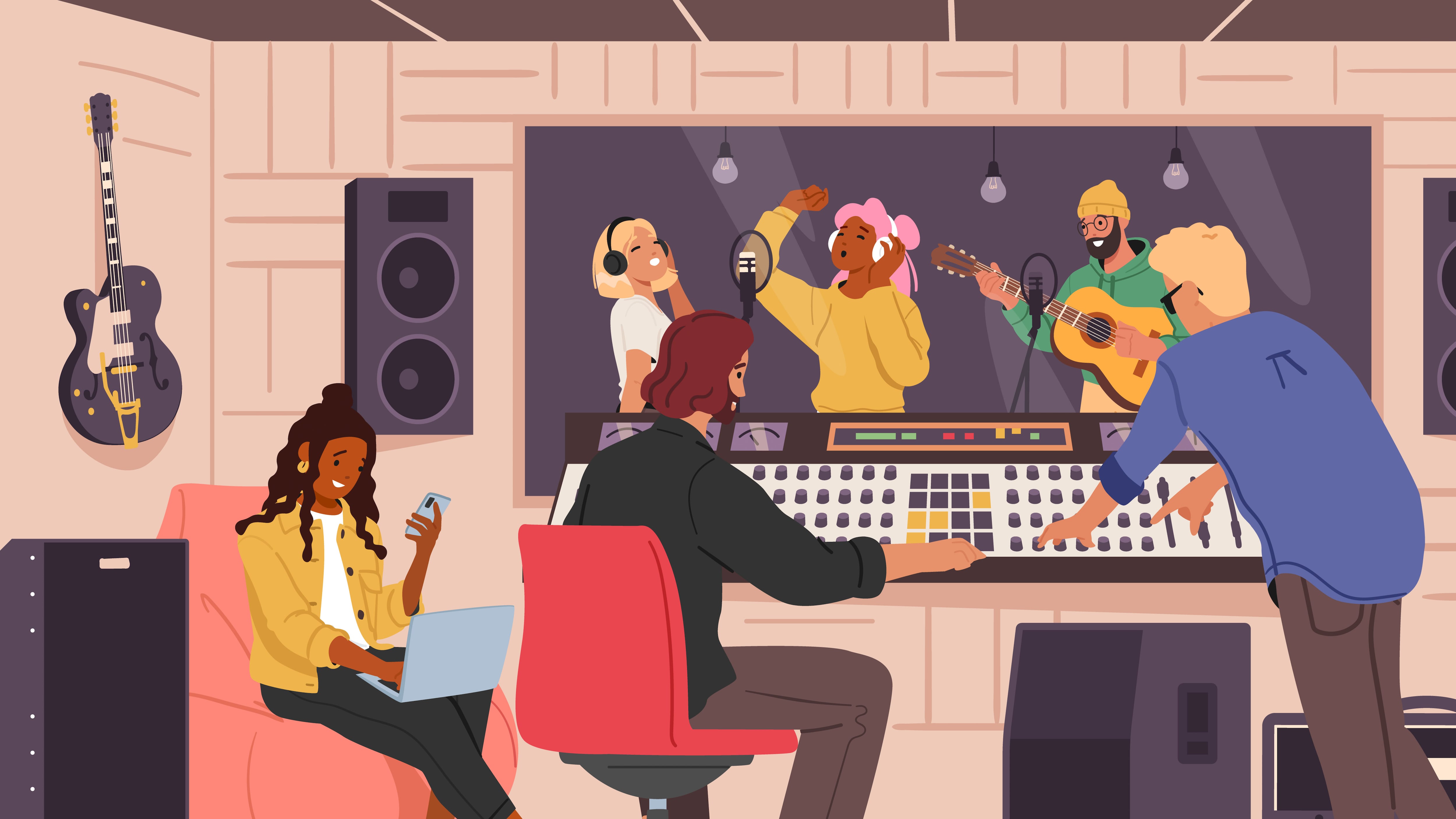 Estudio de grabación, sala de producción, espacio de trabajo con músicos, cantantes y productores de sonido