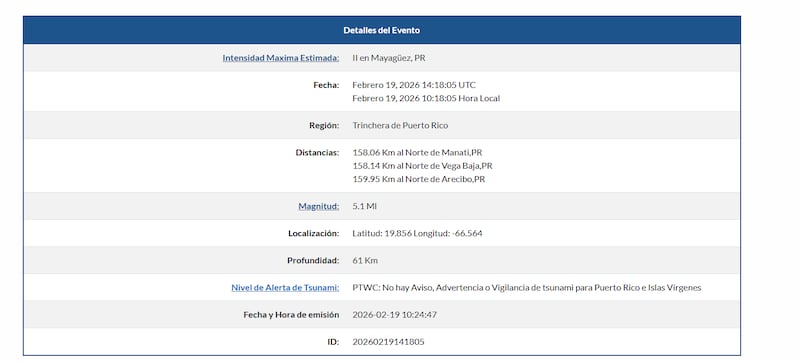 Sismo al norte de Puerto Rico.