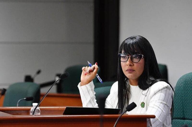 La representante Sol Higgins sentada en una sala del Capitolio donde se celebran vistas públicas.