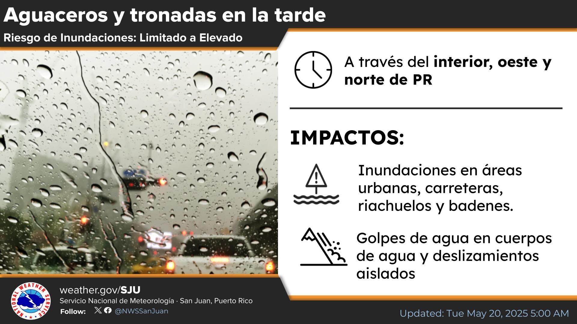 Aguaceros y tronadas para la tarde del martes, 20 de mayo de 2025.