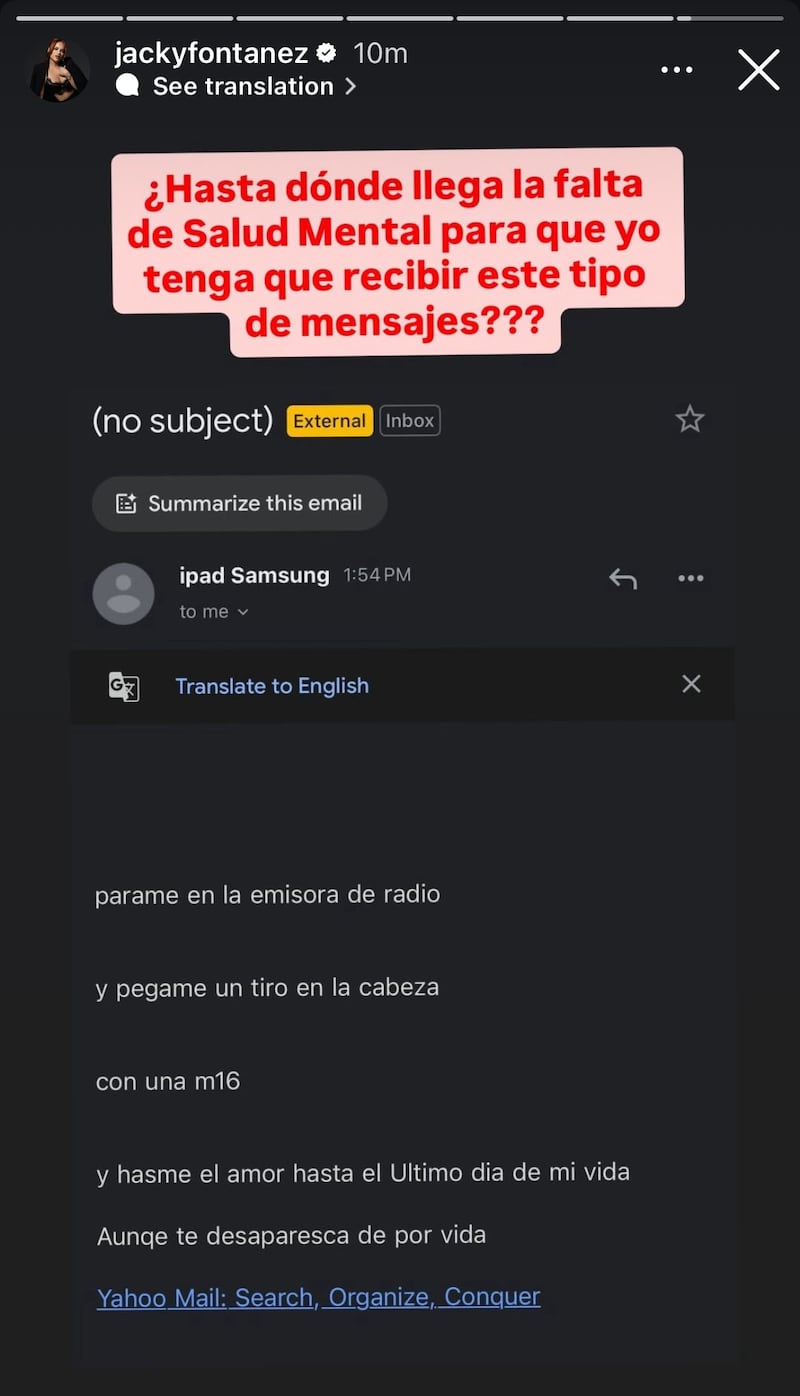 La animadora compartió una captura de pantalla de un mensaje recibido a través de correo electrónico.